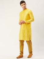 Jompers Men's Yellow Coller Embroidered Woven Design Kurta Pyjama | Grocsy