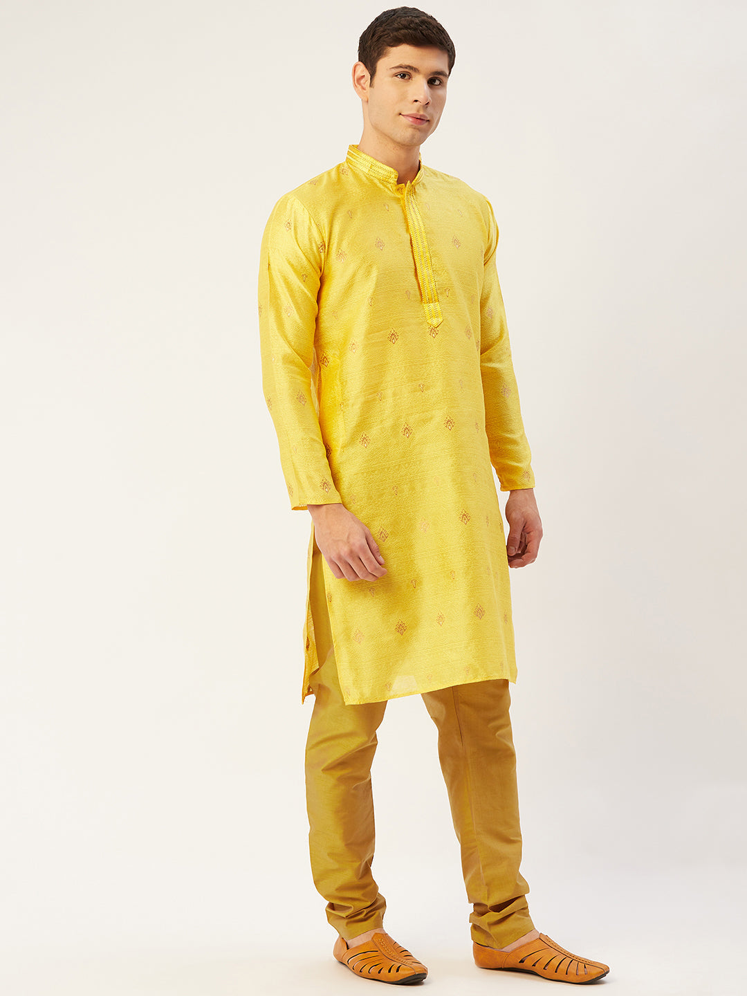 Jompers Men's Yellow Coller Embroidered Woven Design Kurta Pyjama | Grocsy