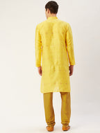 Jompers Men's Yellow Coller Embroidered Woven Design Kurta Pyjama | Grocsy