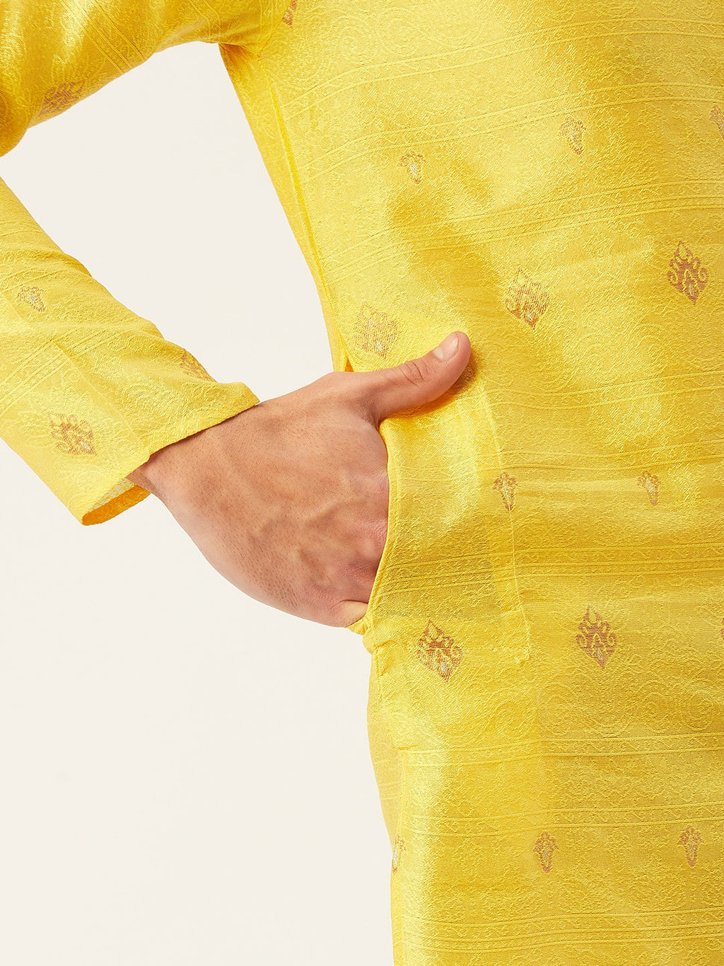 Jompers Men's Yellow Coller Embroidered Woven Design Kurta Pyjama | Grocsy
