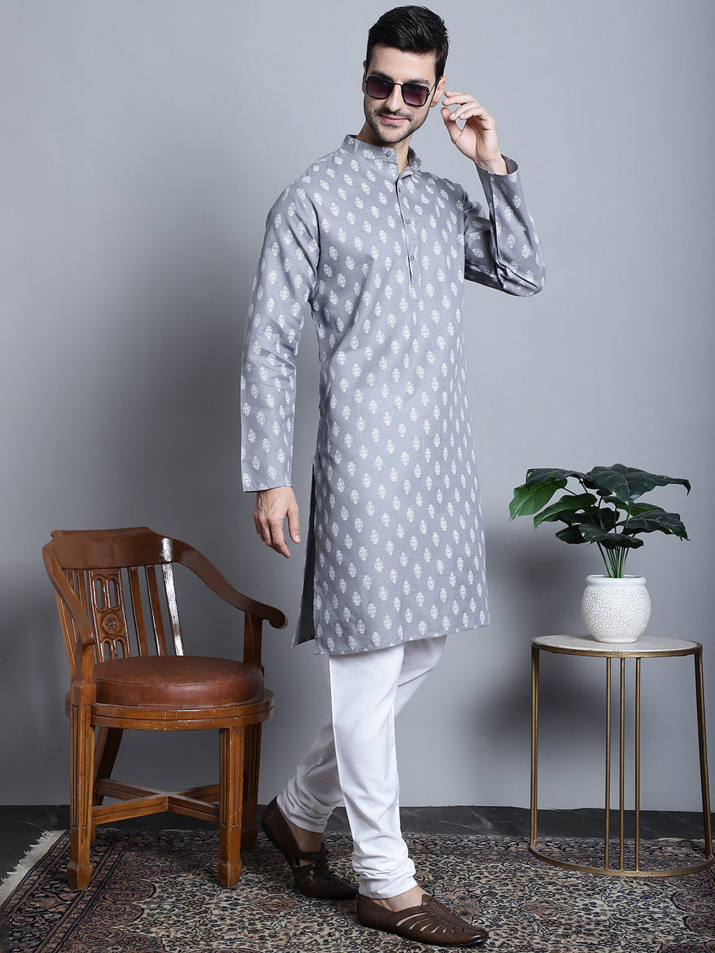 Jompers Men's Cotton Floral printed kurta Pyjama - Dark-Grey | Grocsy