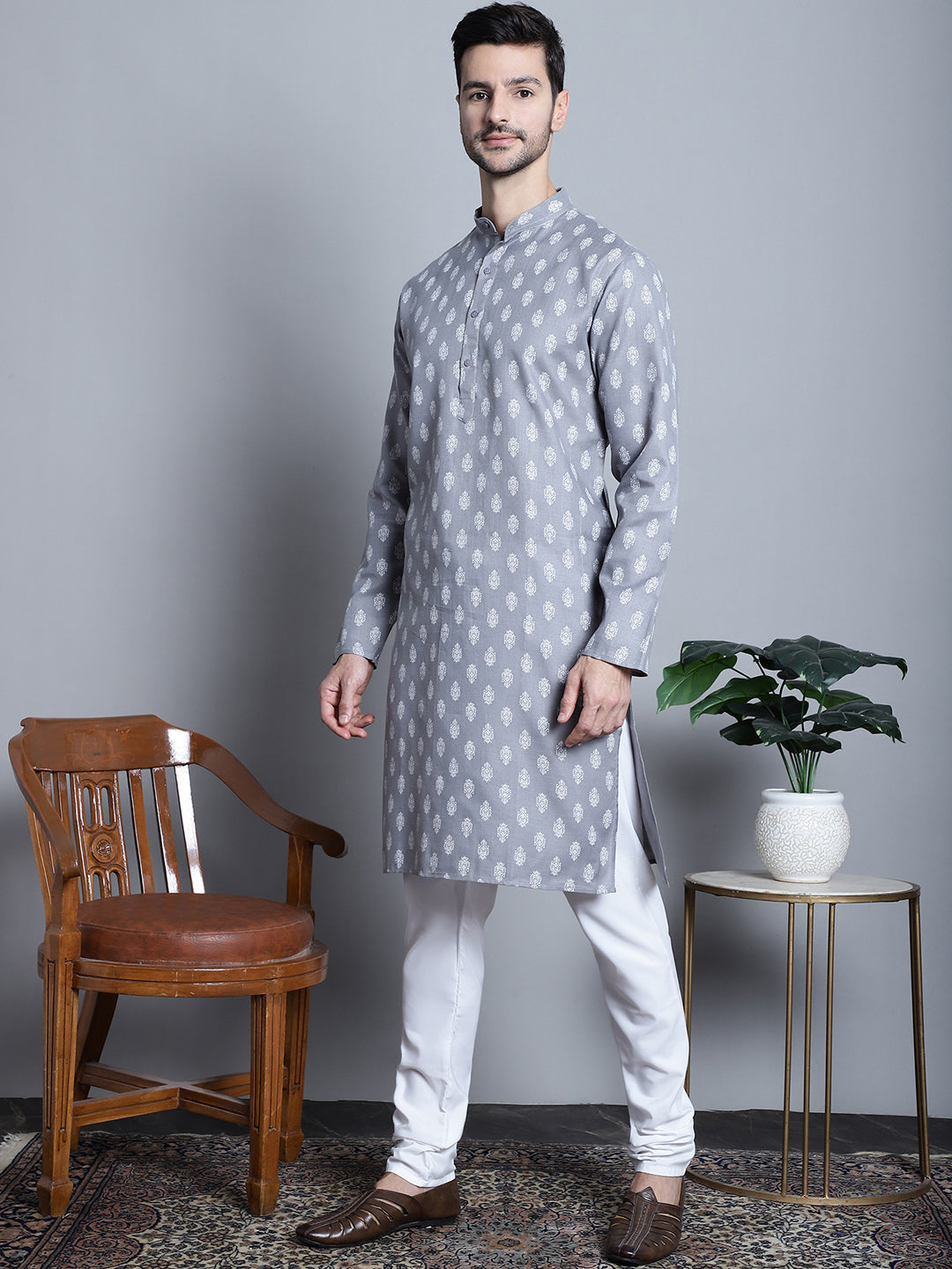 Jompers Men's Cotton Floral printed kurta Pyjama - Dark-Grey | Grocsy