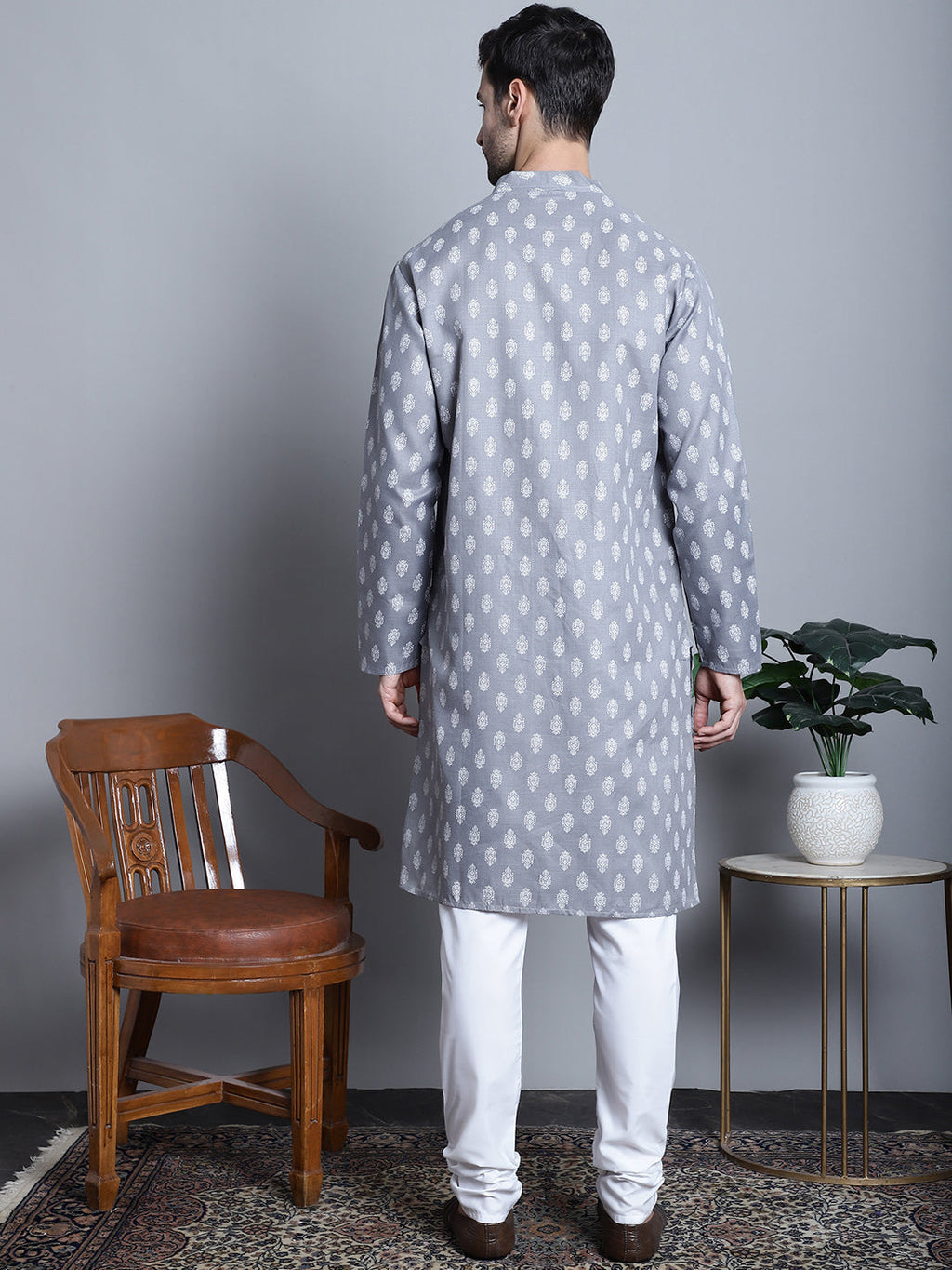 Jompers Men's Cotton Floral printed kurta Pyjama - Dark-Grey | Grocsy