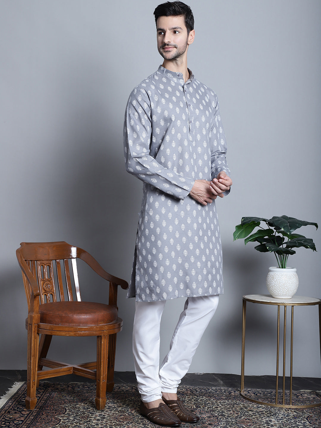 Jompers Men's Cotton Floral printed kurta Pyjama - Dark-Grey | Grocsy