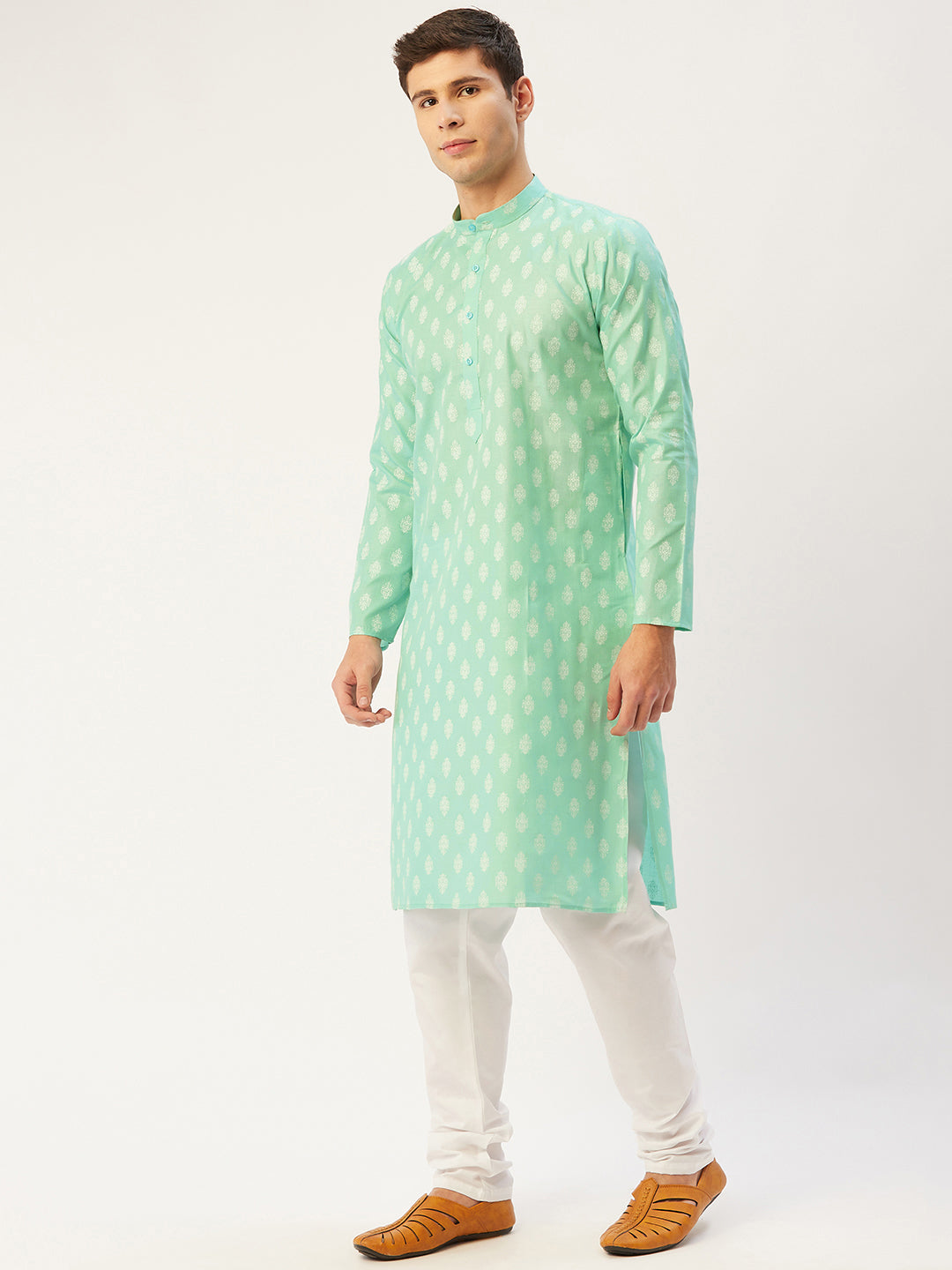 Jompers Men's Green Cotton Floral Printed kurta Pyjama Set | Grocsy