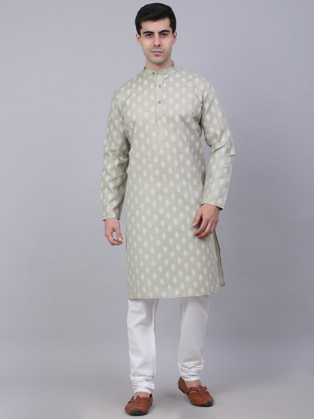 Jompers Men's Cotton Floral printed kurta Pyjama Set - Grey | Grocsy