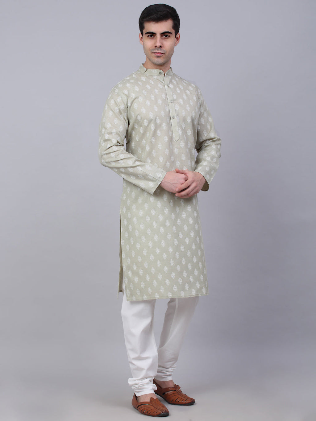 Jompers Men's Cotton Floral printed kurta Pyjama Set - Grey | Grocsy