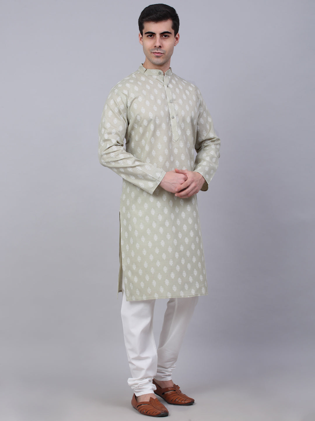Jompers Men's Cotton Floral printed kurta Pyjama Set - Grey | Grocsy