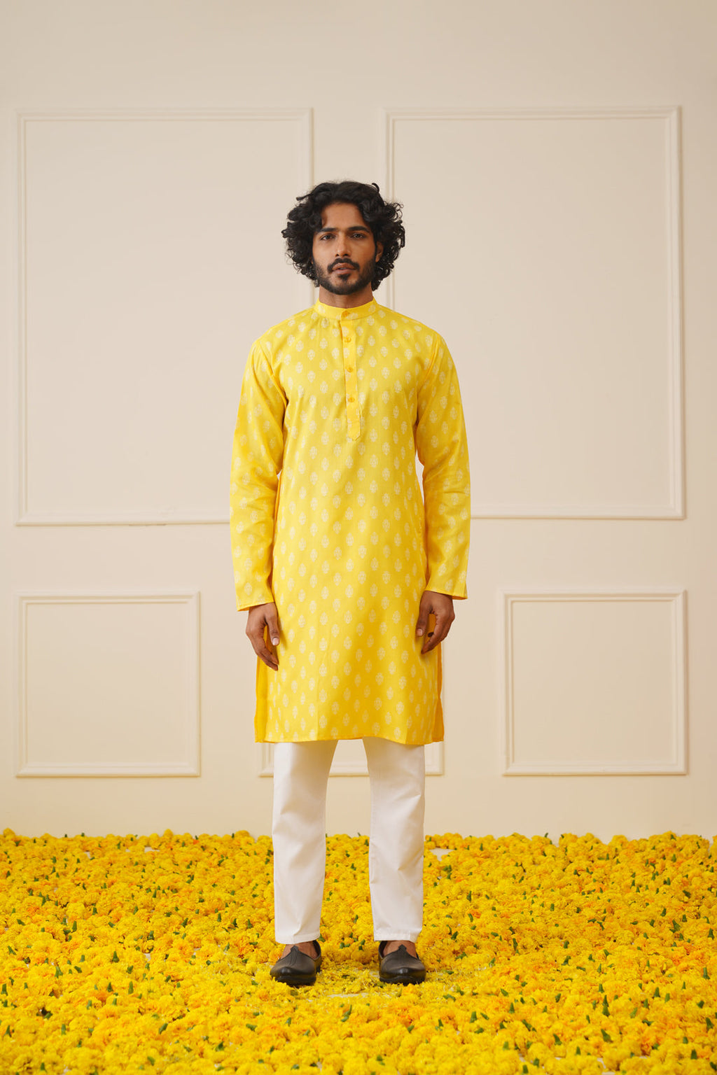 Jompers Men's Cotton Floral printed kurta Pyjama Set - Lemon | Grocsy