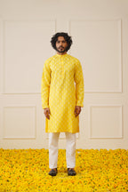 Jompers Men's Cotton Floral printed kurta Pyjama Set - Lemon | Grocsy