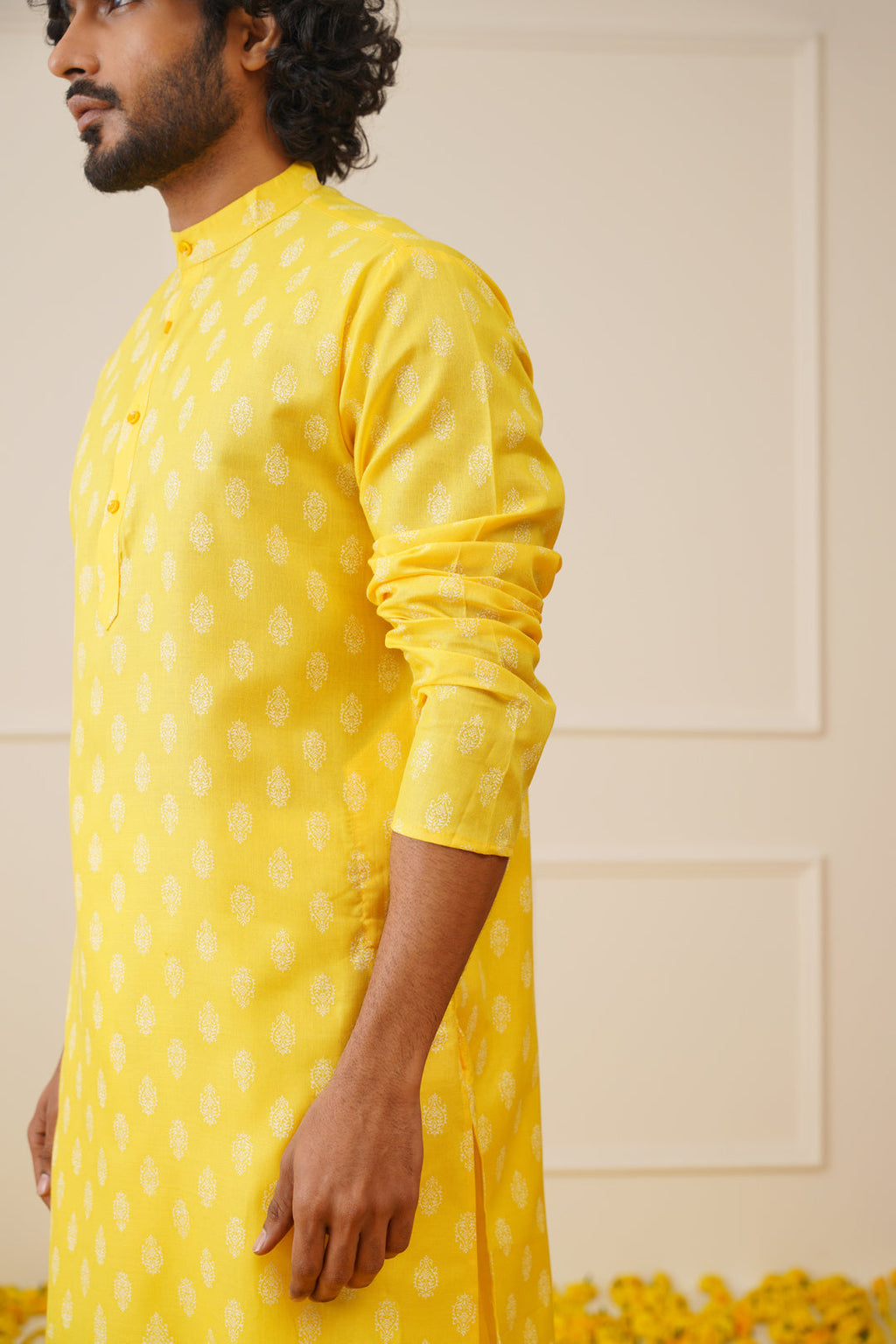 Jompers Men's Cotton Floral printed kurta Pyjama Set - Lemon | Grocsy