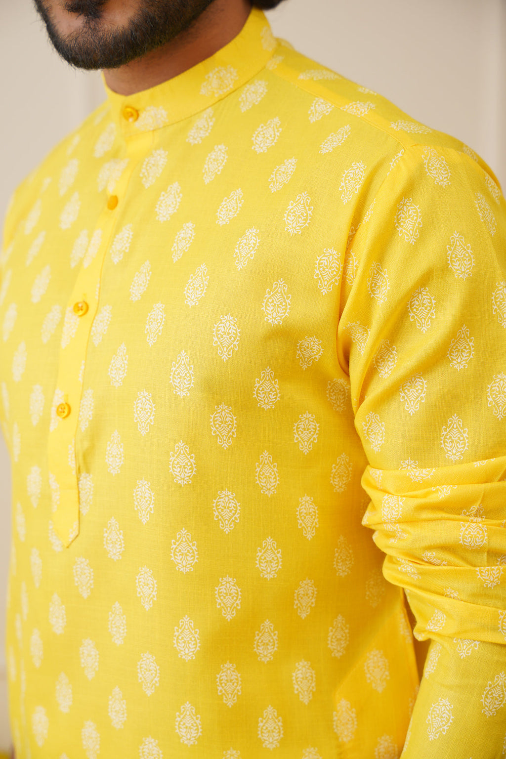 Jompers Men's Cotton Floral printed kurta Pyjama Set - Lemon | Grocsy