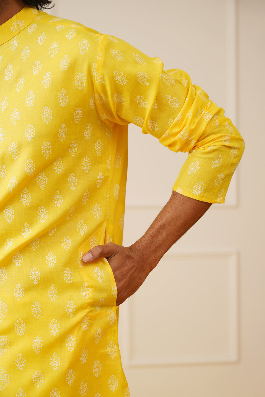 Jompers Men's Cotton Floral printed kurta Pyjama Set - Lemon | Grocsy