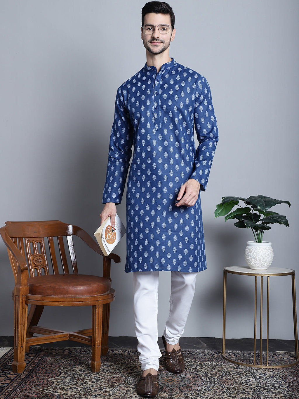 Jompers Men's Cotton Floral printed kurta Pyjama - Navy Blue | Grocsy