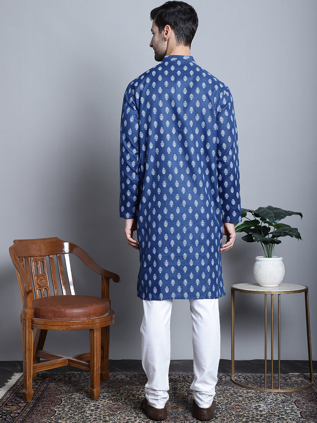 Jompers Men's Cotton Floral printed kurta Pyjama - Navy Blue | Grocsy