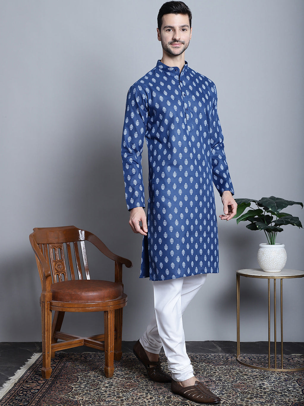 Jompers Men's Cotton Floral printed kurta Pyjama - Navy Blue | Grocsy
