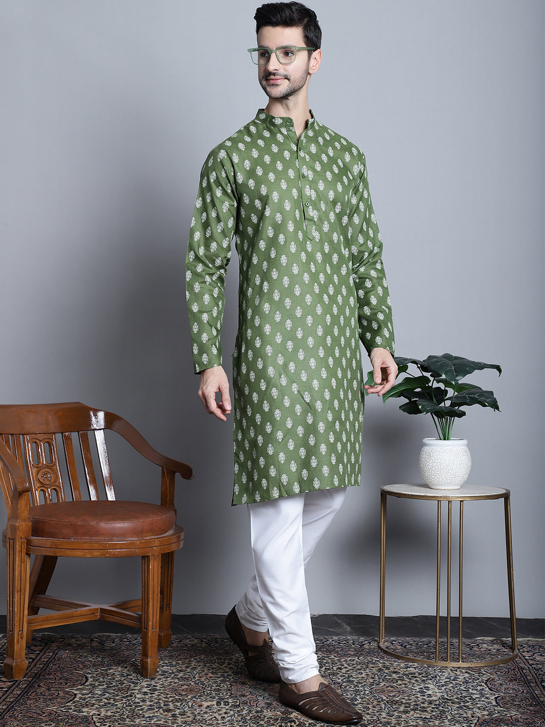 Jompers Men's Cotton Floral printed kurta Pyjama - Olive | Grocsy