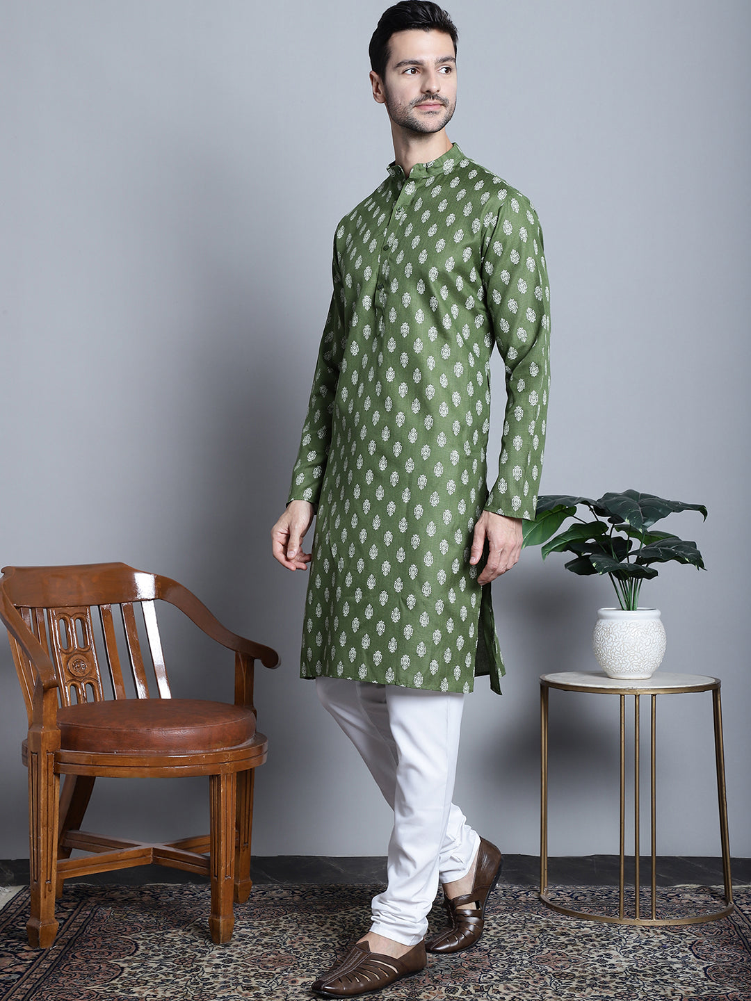 Jompers Men's Cotton Floral printed kurta Pyjama - Olive | Grocsy