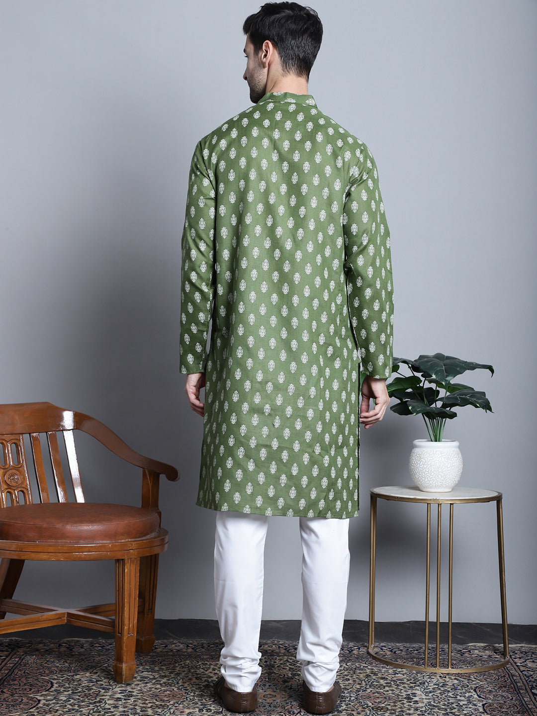 Jompers Men's Cotton Floral printed kurta Pyjama - Olive | Grocsy