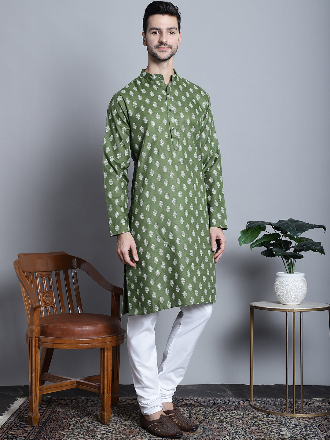Jompers Men's Cotton Floral printed kurta Pyjama - Olive | Grocsy