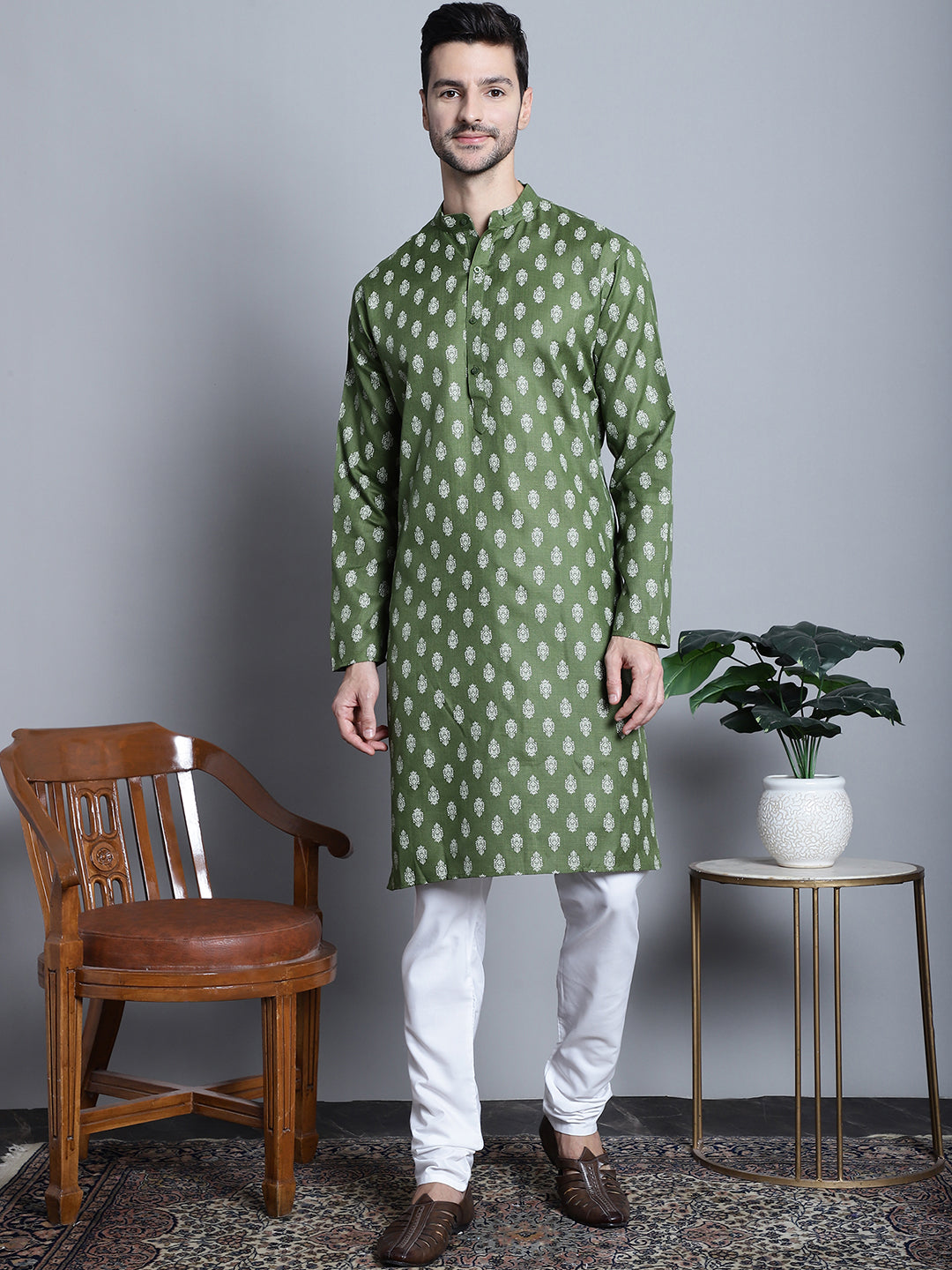 Jompers Men's Cotton Floral printed kurta Pyjama - Olive | Grocsy