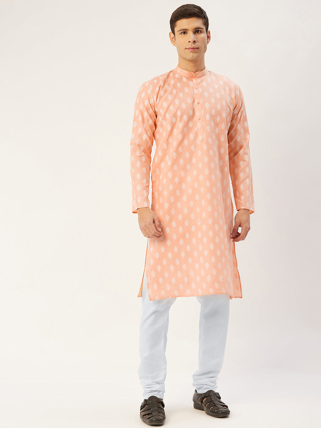 Jompers Men's Peach Cotton Floral printed kurta Pyjama Set | Grocsy