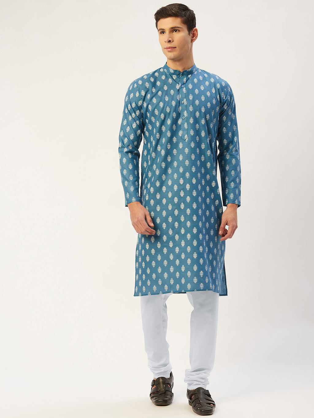 Jompers Men's Teal Cotton Floral printed kurta Pyjama Set | Grocsy