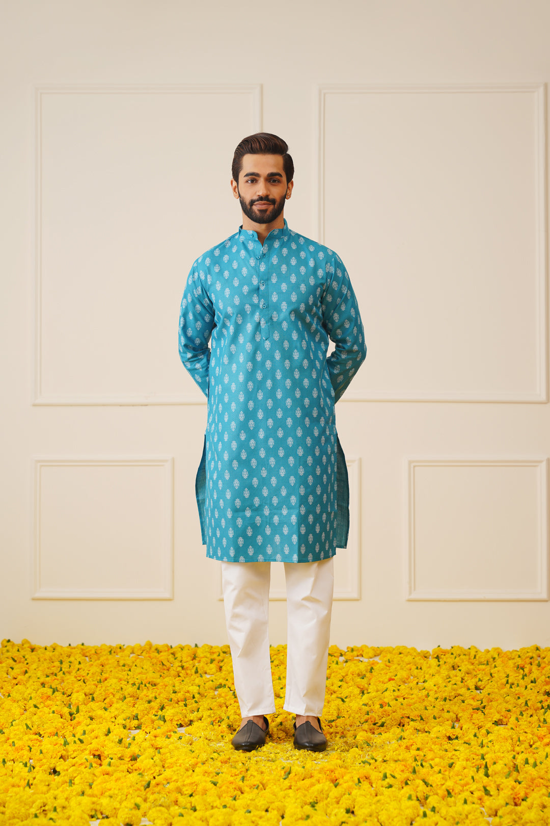 Jompers Men's Teal Cotton Floral printed kurta Only | Grocsy