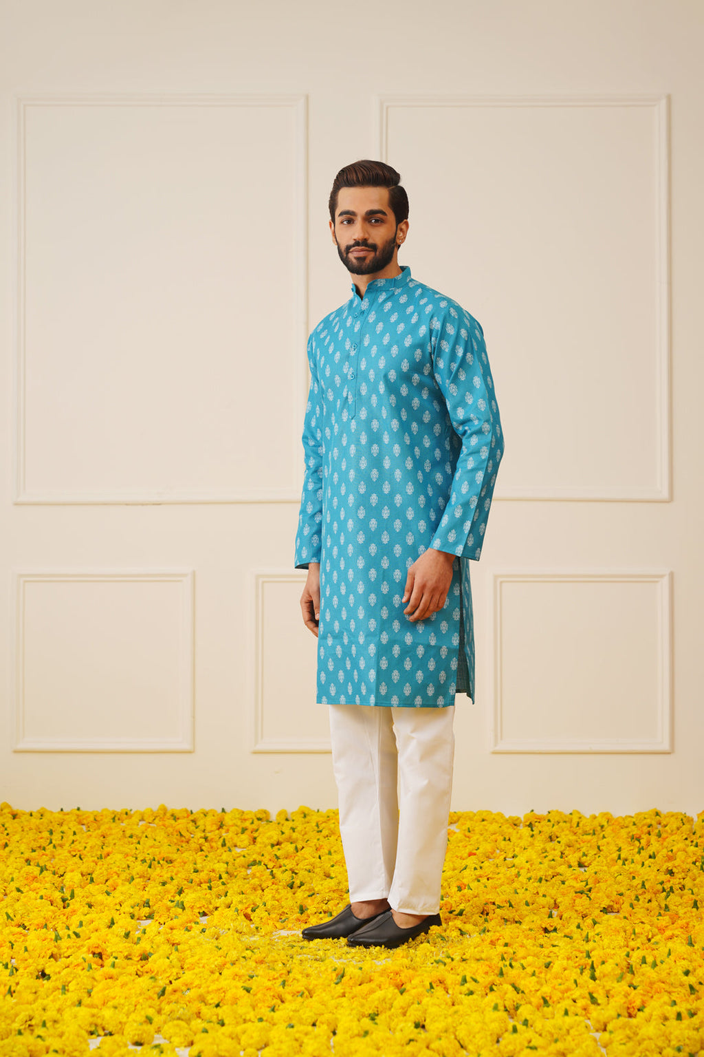 Jompers Men's Teal Cotton Floral printed kurta Only | Grocsy