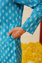 Jompers Men's Teal Cotton Floral printed kurta Only | Grocsy