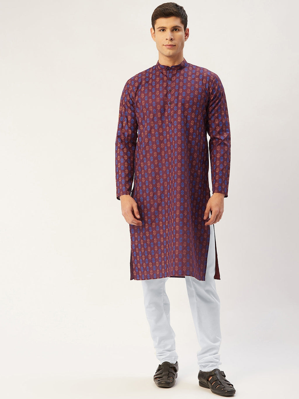 Jompers Men's Maroon Cotton Ikat printed kurta Pyjama Set | Grocsy