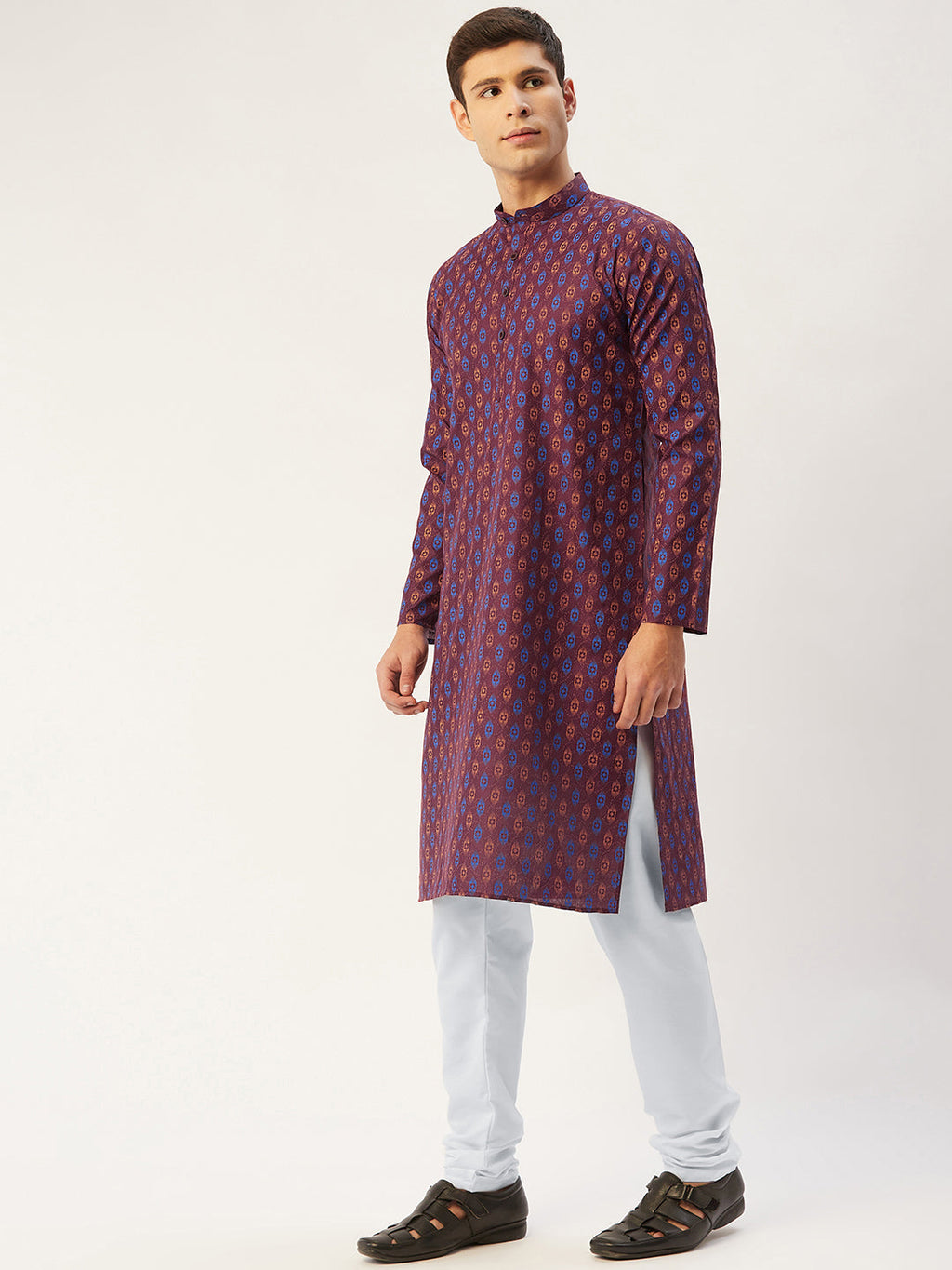 Jompers Men's Maroon Cotton Ikat printed kurta Pyjama Set | Grocsy