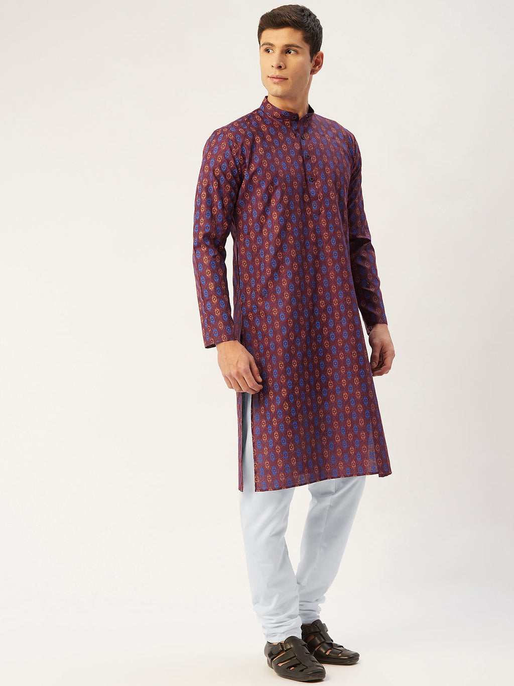 Jompers Men's Maroon Cotton Ikat printed kurta Pyjama Set | Grocsy