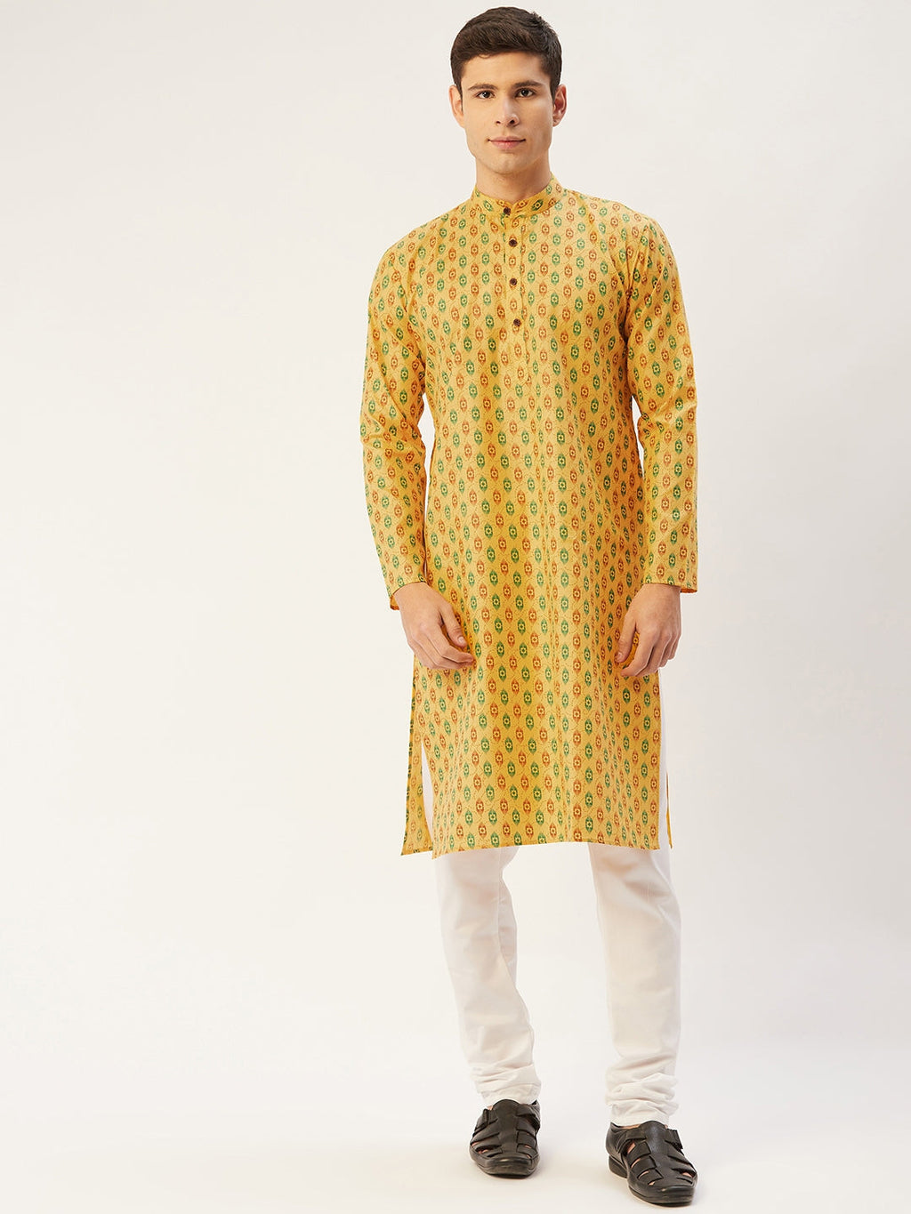 Jompers Men's Mustard Cotton Ikat printed kurta Pyjama Set | Grocsy