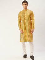 Jompers Men's Mustard Cotton Ikat printed kurta Only | Grocsy