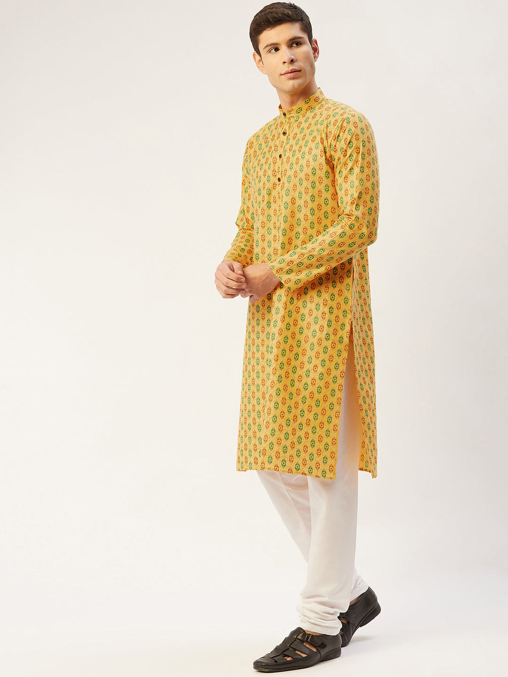 Jompers Men's Mustard Cotton Ikat printed kurta Pyjama Set | Grocsy