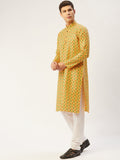 Jompers Men's Mustard Cotton Ikat printed kurta Pyjama Set | Grocsy