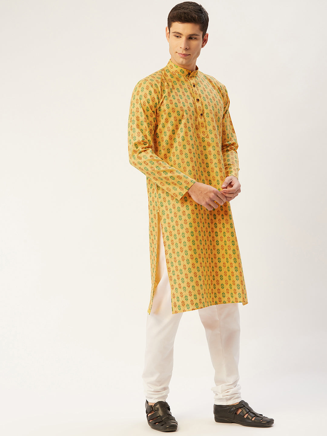 Jompers Men's Mustard Cotton Ikat printed kurta Pyjama Set | Grocsy