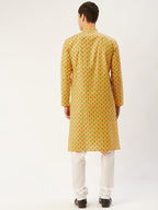 Jompers Men's Mustard Cotton Ikat printed kurta Only | Grocsy