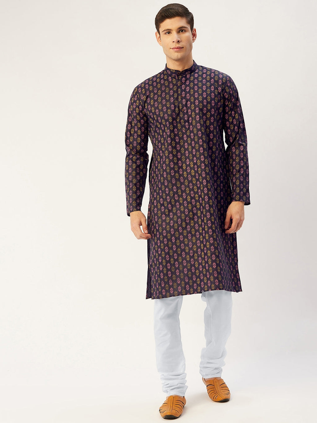 Jompers Men's Navy Cotton Ikat printed kurta Pyjama Set | Grocsy