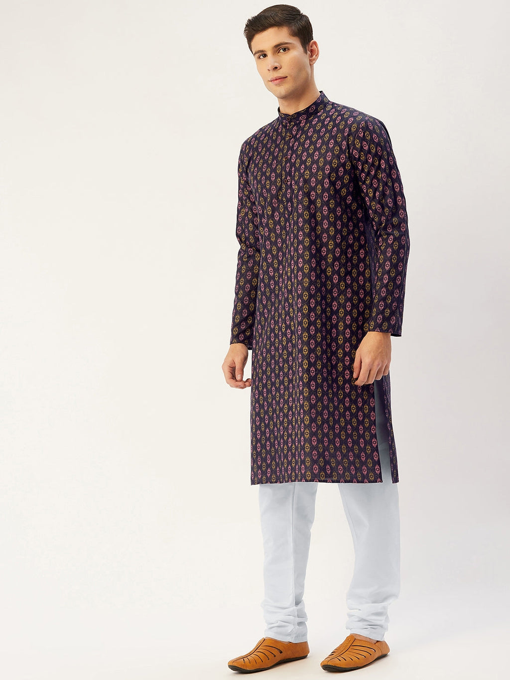 Jompers Men's Navy Cotton Ikat printed kurta Pyjama Set | Grocsy