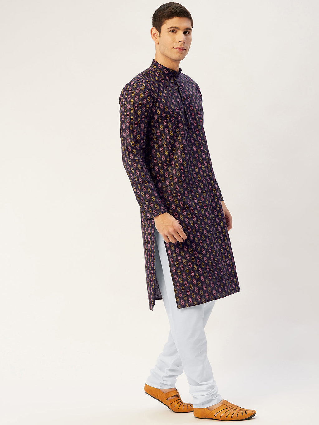 Jompers Men's Navy Cotton Ikat printed kurta Pyjama Set | Grocsy