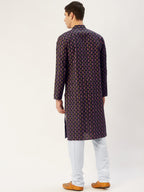 Jompers Men's Navy Cotton Ikat printed kurta Pyjama Set | Grocsy