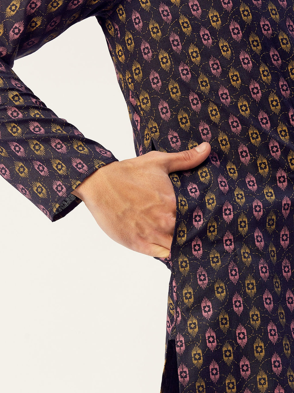 Jompers Men's Navy Cotton Ikat printed kurta Pyjama Set | Grocsy