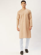 Jompers Men's Beige Cotton printed kurta Pyjama Set | Grocsy