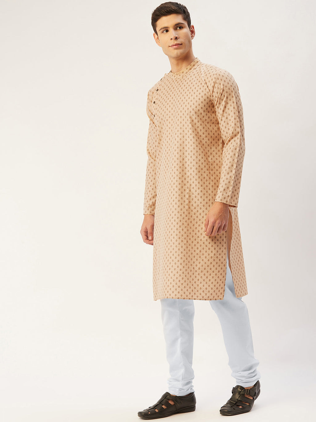 Jompers Men's Beige Cotton printed kurta Pyjama Set | Grocsy