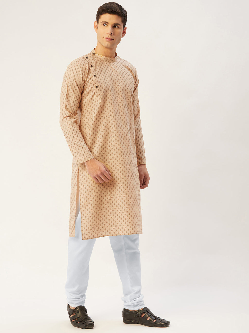 Jompers Men's Beige Cotton printed kurta Pyjama Set | Grocsy