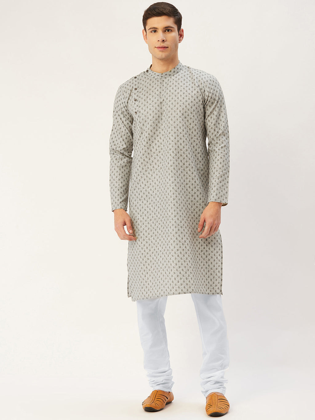 Jompers Men's Grey Cotton printed kurta Pyjama Set | Grocsy