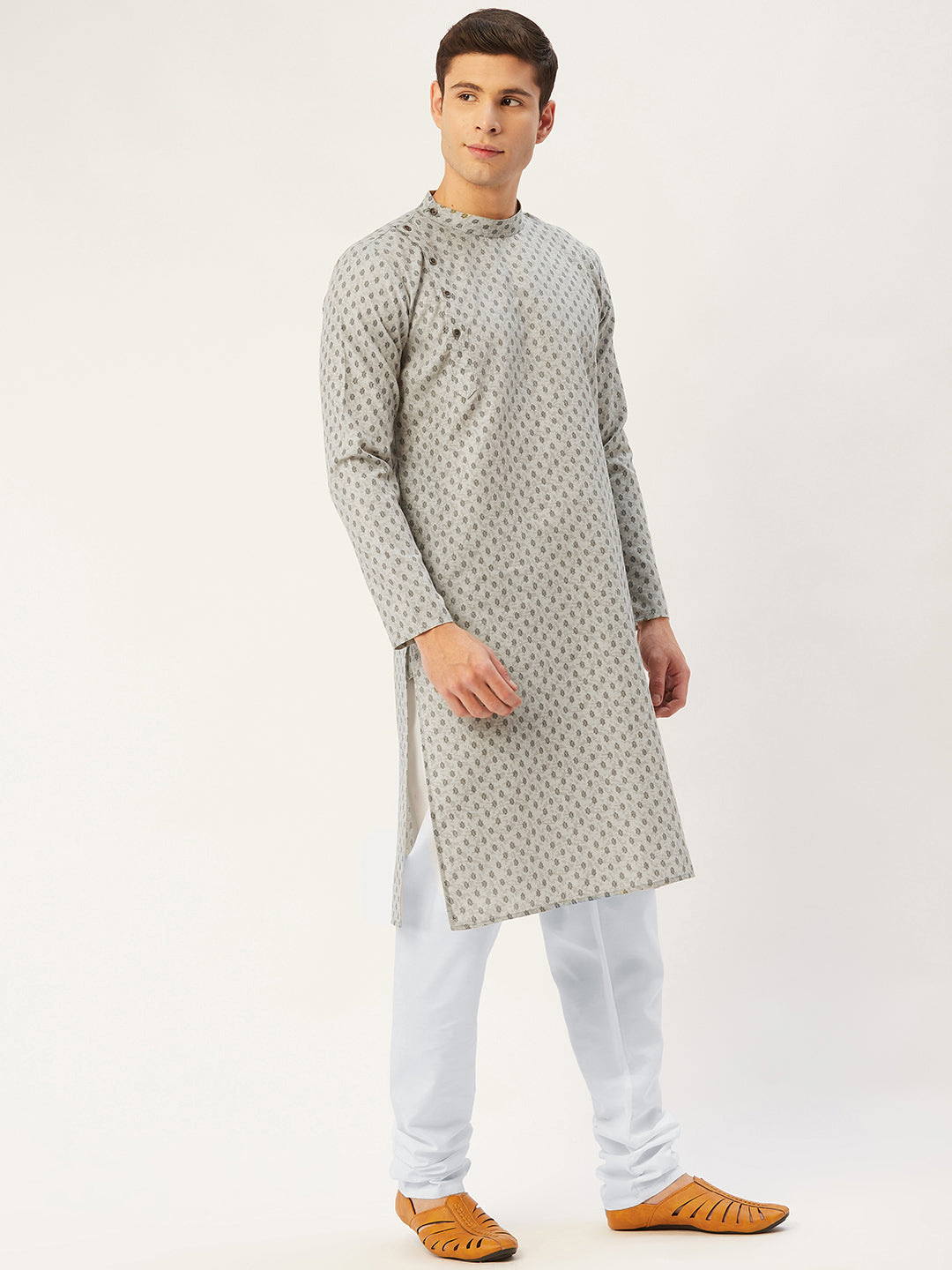 Jompers Men's Grey Cotton printed kurta Pyjama Set | Grocsy