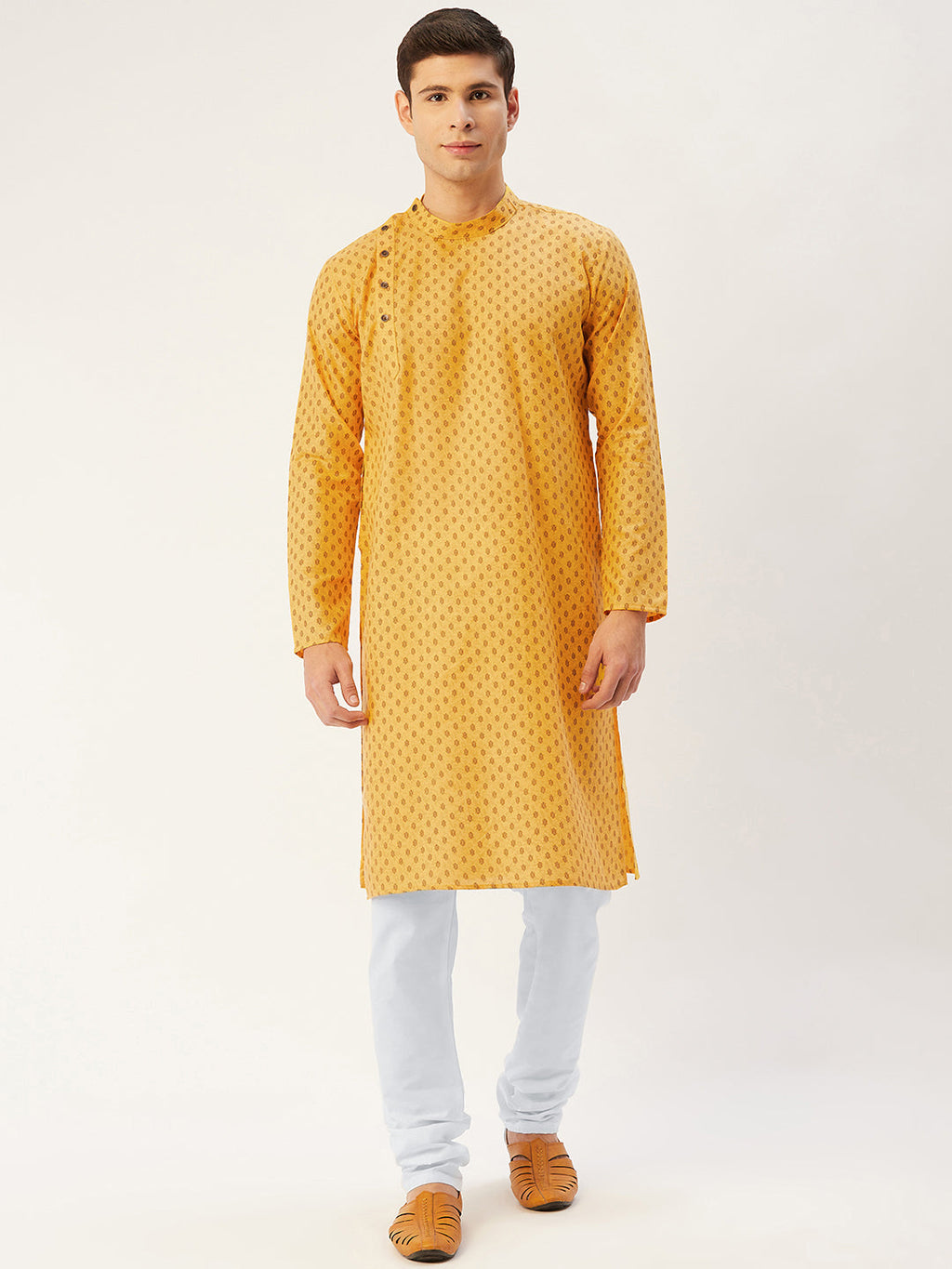 Jompers Men's Mustard Cotton printed kurta Pyjama Set | Grocsy